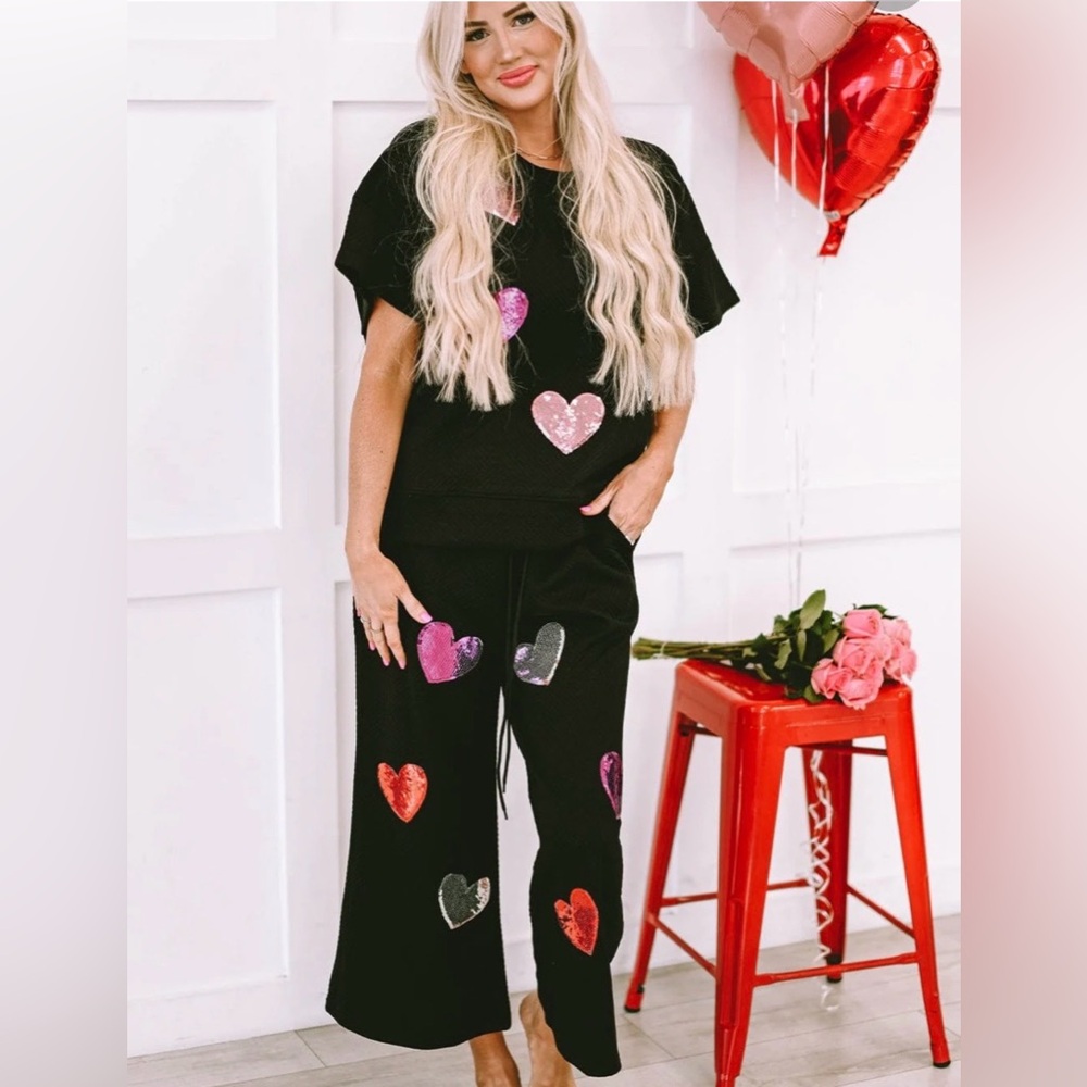 Black Sequin Heart Embellished Textured 2-Piece Set